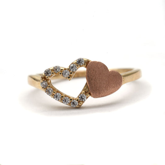 Anillo dos corazones con zirconias 10k